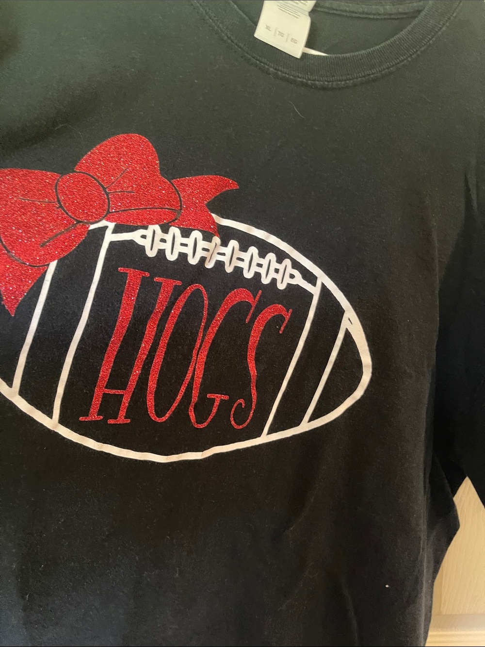 Gildan Black Kids Tee with Red Glitter Bow & Red 'HUGS' Football Graphic